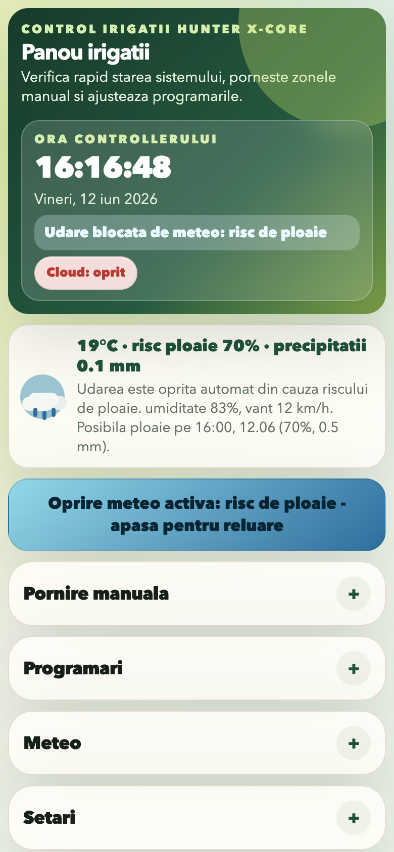 Interfața web de control pentru un sistem Hunter modernizat